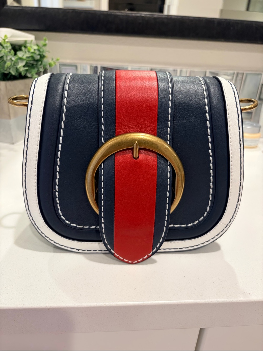 Polo by Ralph Lauren Navy, Red & White Leather Crossbody Saddle Bag